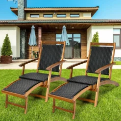 Tangkula 3 Piece Chaise Lounge Chair Set, Acacia Wood Deck Chairs with Side Table