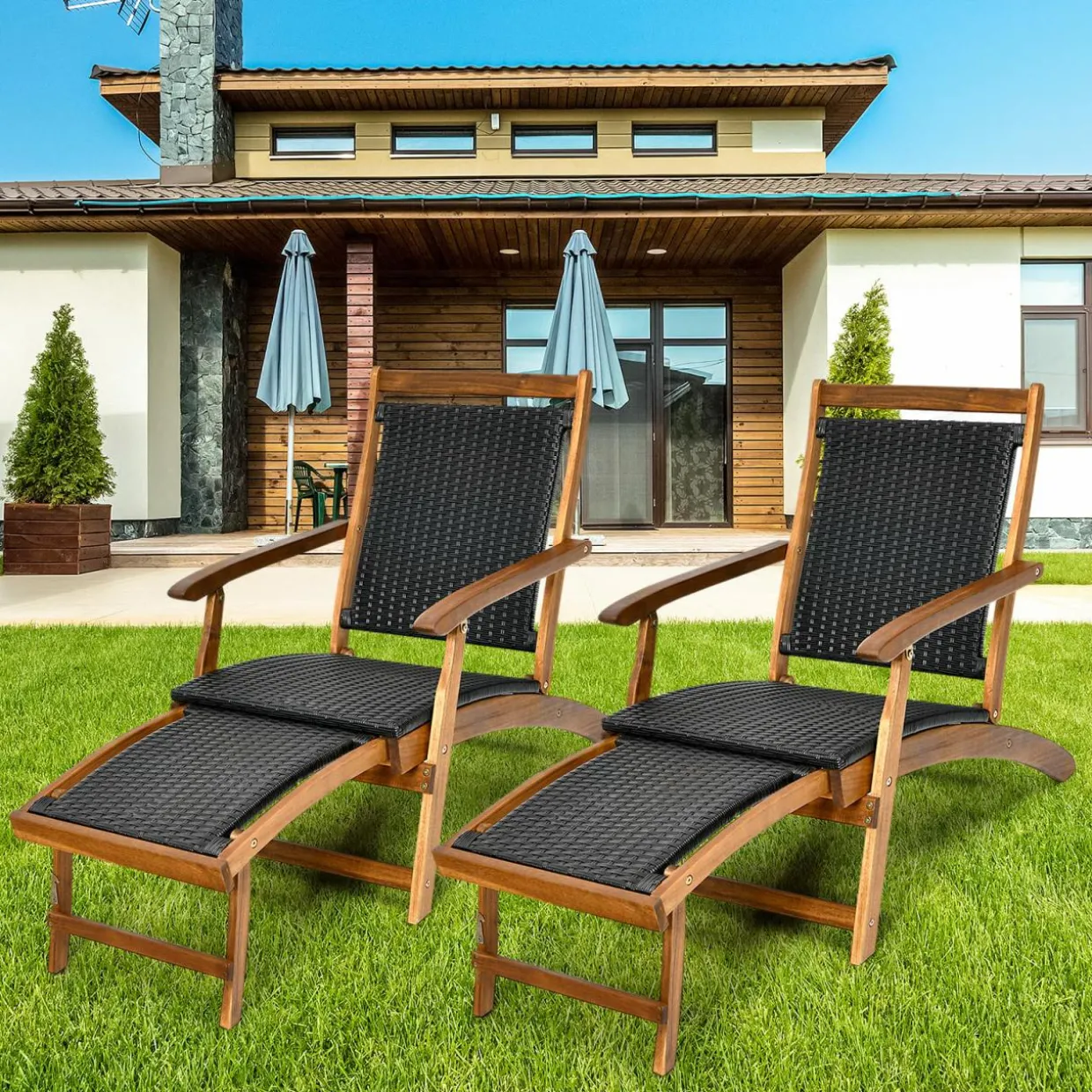 Tangkula 3 Piece Chaise Lounge Chair Set, Acacia Wood Deck Chairs with Side Table