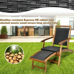 Tangkula 3 Piece Chaise Lounge Chair Set, Acacia Wood Deck Chairs with Side Table