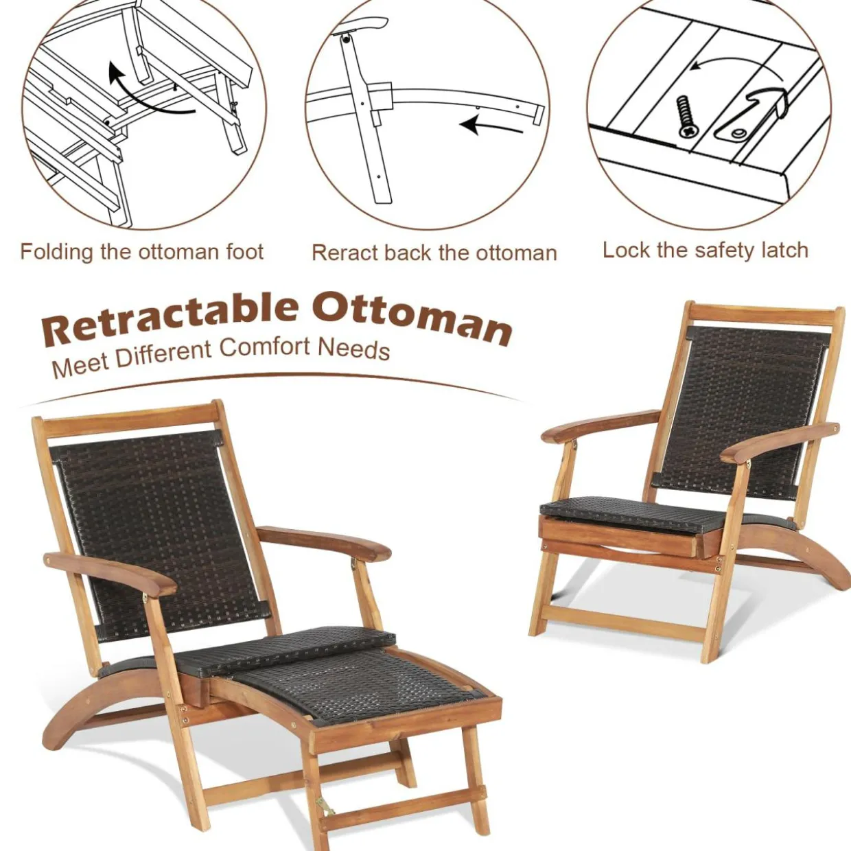 Tangkula 3 Piece Chaise Lounge Chair Set, Acacia Wood Deck Chairs with Side Table