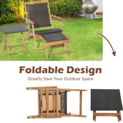 Tangkula 3 Piece Chaise Lounge Chair Set, Acacia Wood Deck Chairs with Side Table