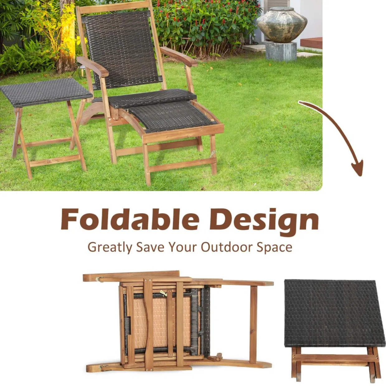 Tangkula 3 Piece Chaise Lounge Chair Set, Acacia Wood Deck Chairs with Side Table