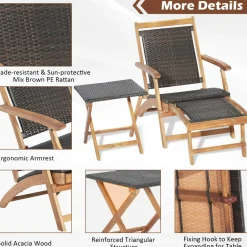 Tangkula 3 Piece Chaise Lounge Chair Set, Acacia Wood Deck Chairs with Side Table