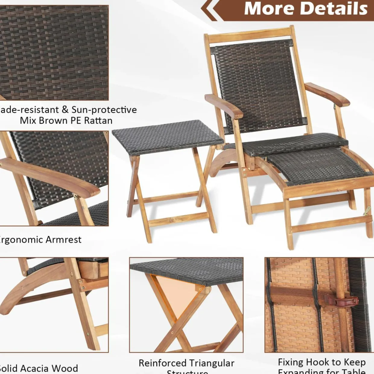 Tangkula 3 Piece Chaise Lounge Chair Set, Acacia Wood Deck Chairs with Side Table