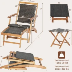 Tangkula 3 Piece Chaise Lounge Chair Set, Acacia Wood Deck Chairs with Side Table
