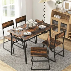 Tangkula 5 Piece Dining Table Set for 4, Kitchen Table and Chairs with 4 Trapezoid Chairs & Storage Rack