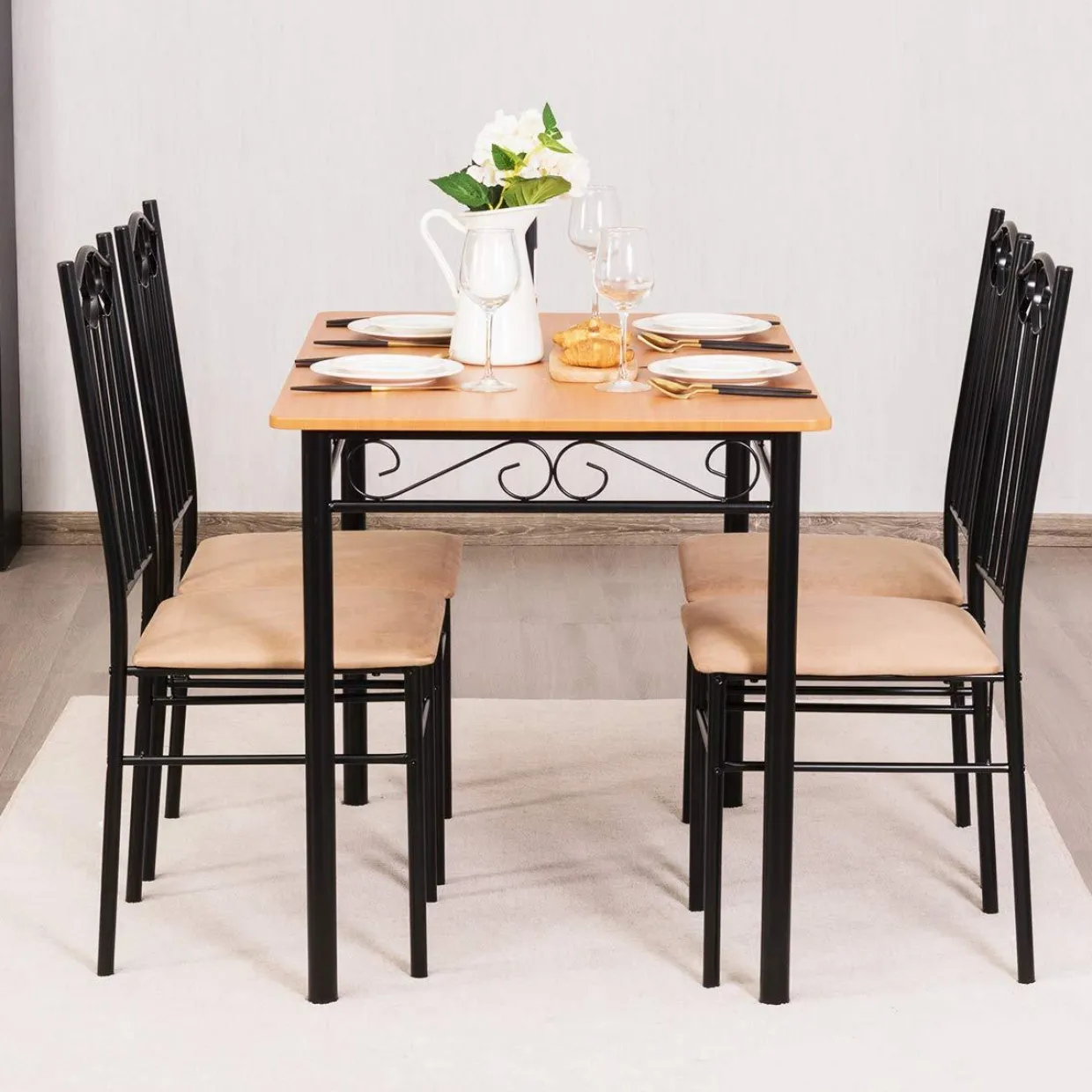 Tangkula 5 Piece Dining Table Set Vintage Wood Top Padded Seat Dining Table and Chairs Set
