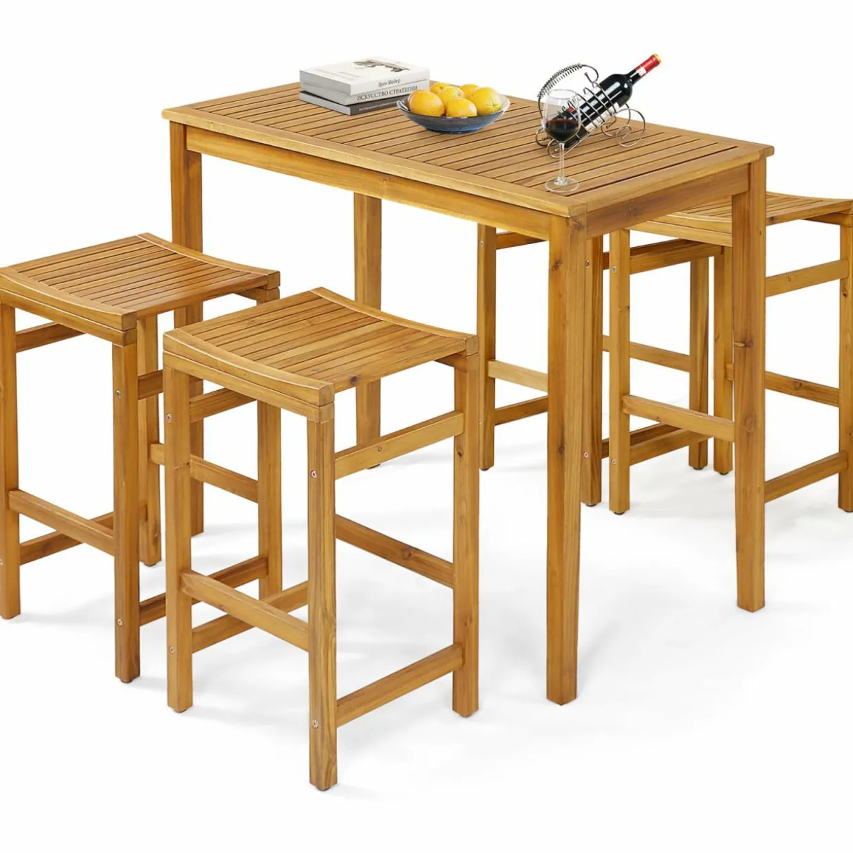 Tangkula 5 Piece Outdoor Acacia Wood Bar Table Set, 45" Rectangular High Top Table with 4 Saddle Seat Bar Height Stools