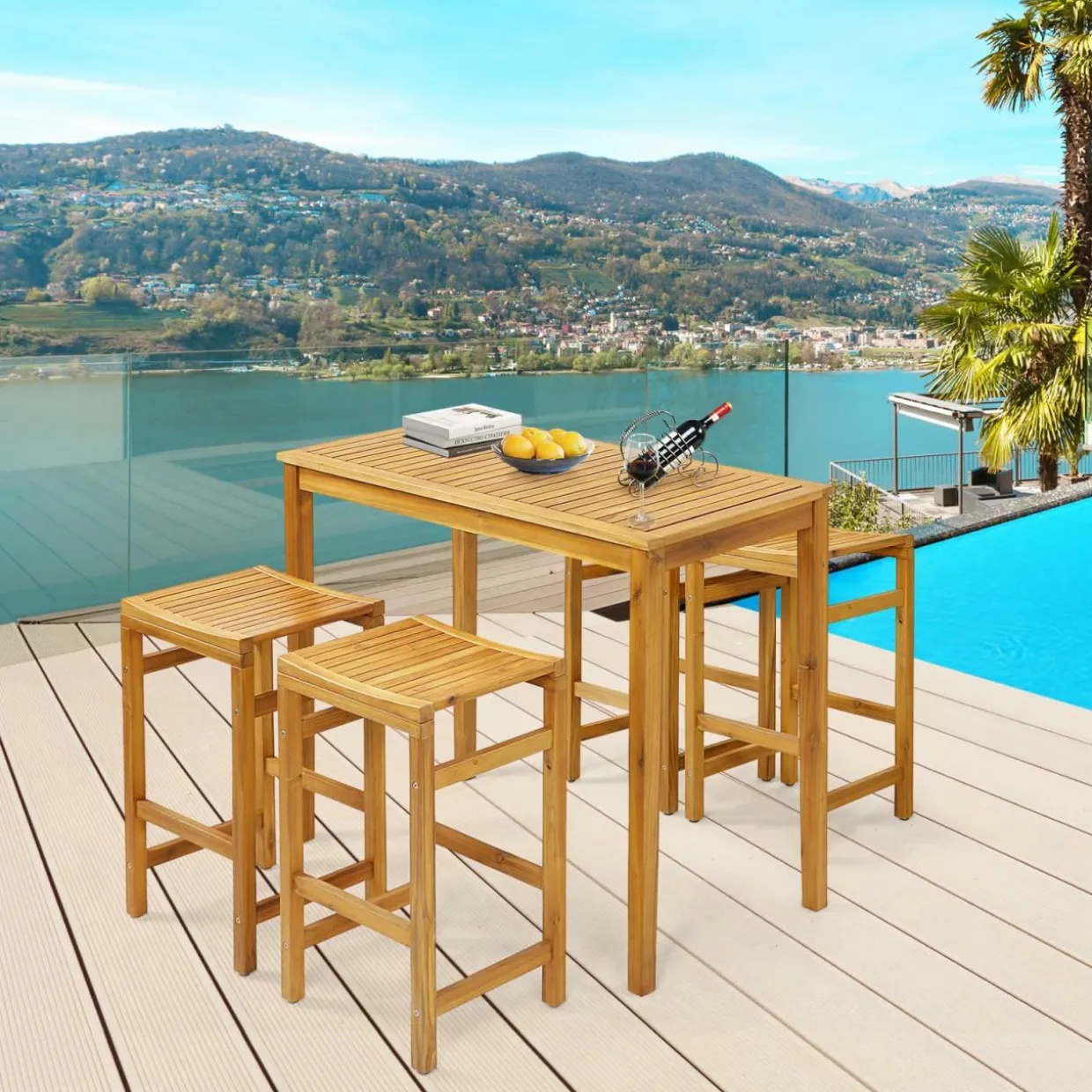 Tangkula 5 Piece Outdoor Acacia Wood Bar Table Set, 45" Rectangular High Top Table with 4 Saddle Seat Bar Height Stools
