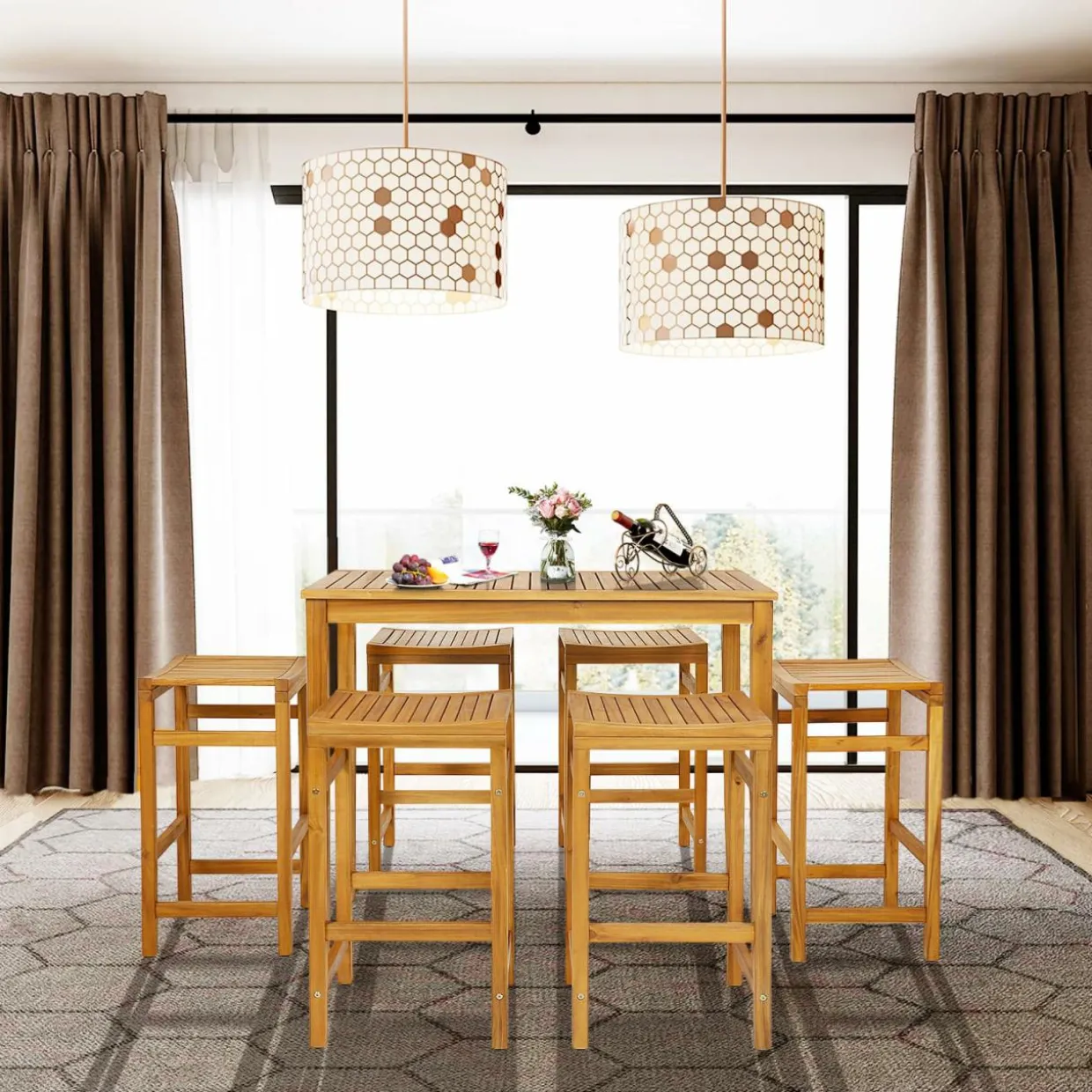 Tangkula 5 Piece Outdoor Acacia Wood Bar Table Set, 45" Rectangular High Top Table with 4 Saddle Seat Bar Height Stools