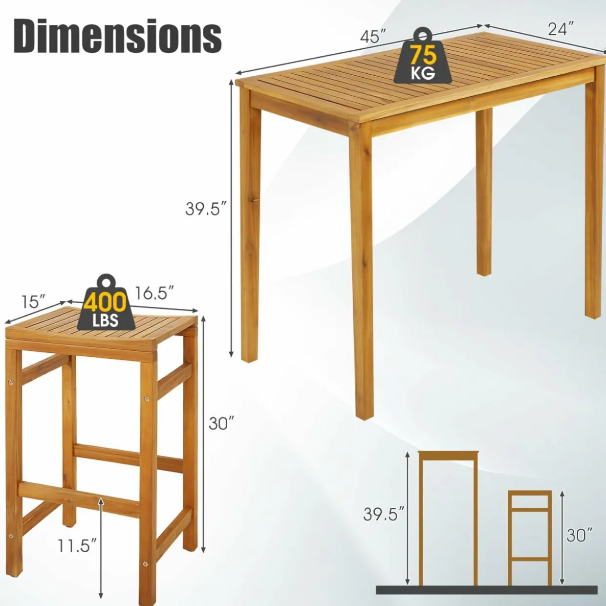 Tangkula 5 Piece Outdoor Acacia Wood Bar Table Set, 45" Rectangular High Top Table with 4 Saddle Seat Bar Height Stools