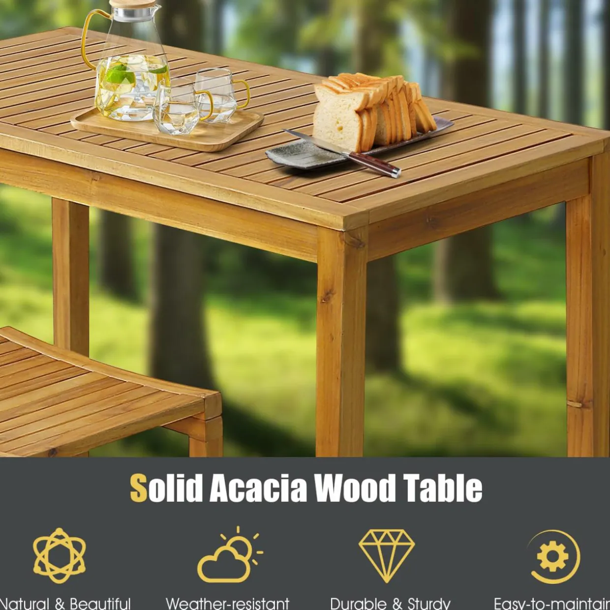Tangkula 5 Piece Outdoor Acacia Wood Bar Table Set, 45" Rectangular High Top Table with 4 Saddle Seat Bar Height Stools