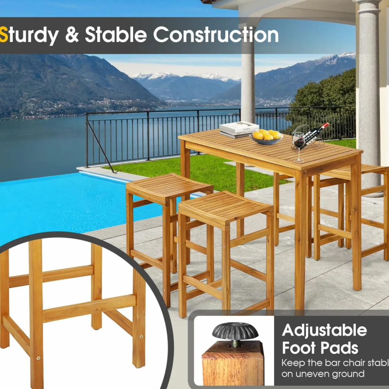 Tangkula 5 Piece Outdoor Acacia Wood Bar Table Set, 45" Rectangular High Top Table with 4 Saddle Seat Bar Height Stools