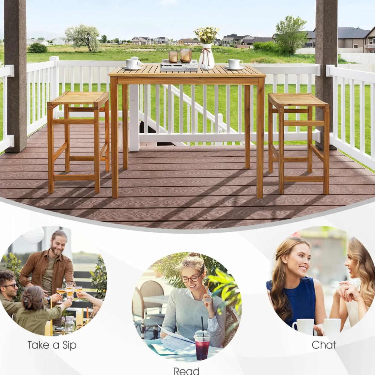 Tangkula 5 Piece Outdoor Acacia Wood Bar Table Set, 45" Rectangular High Top Table with 4 Saddle Seat Bar Height Stools