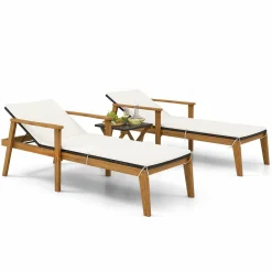 Tangkula 3 Piece Outdoor Chaise Lounge Chair Set, 2 Rattan Cushioned Patio Chaise w/Folding Coffee Table