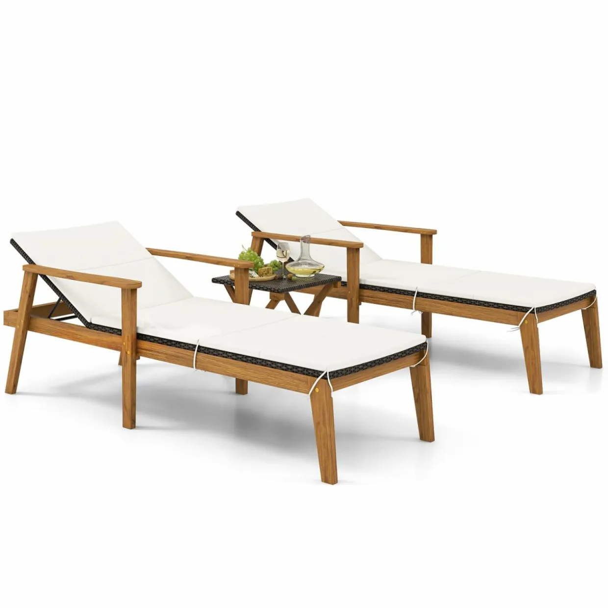 Tangkula 3 Piece Outdoor Chaise Lounge Chair Set, 2 Rattan Cushioned Patio Chaise w/Folding Coffee Table