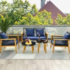 Tangkula 5 Piece Outdoor Conversation Set, Patiojoy Rattan Chair Set with 2 Coffee Tables, Stable Acacia Wood Frame