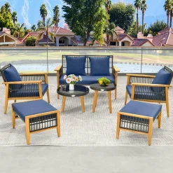 Tangkula 7 Piece Outdoor Conversation Set, Patiojoy Rattan Chair Set with 2 Coffee Tables & 2 Ottomans
