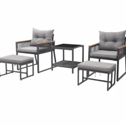 Tangkula 5 Piece Outdoor Conversation Set, Rattan Armchairs w/ 2-Layer Side Table & 2 Ottomans