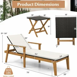 Tangkula 3 Piece Outdoor Chaise Lounge Chair Set, 2 Rattan Cushioned Patio Chaise w/Folding Coffee Table