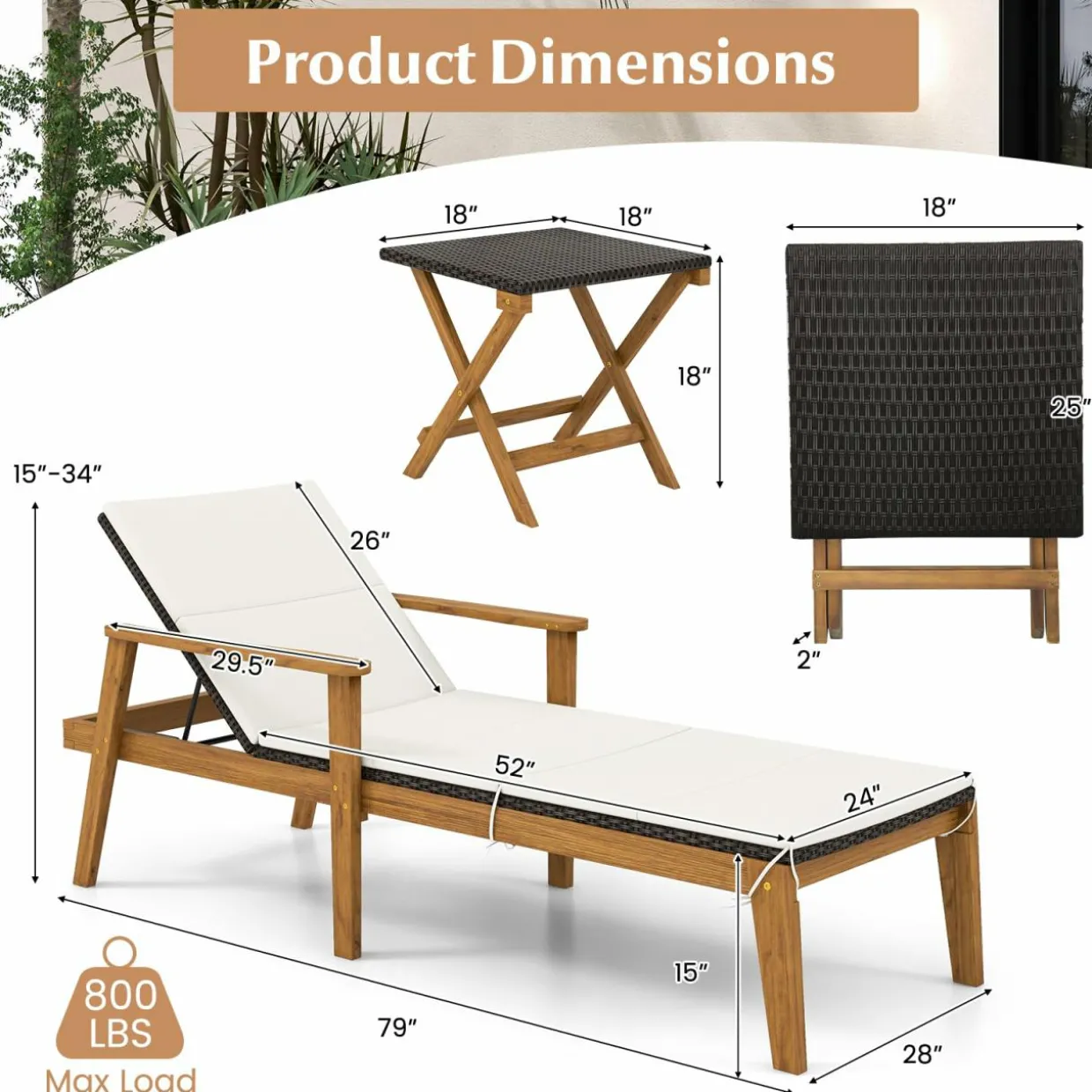 Tangkula 3 Piece Outdoor Chaise Lounge Chair Set, 2 Rattan Cushioned Patio Chaise w/Folding Coffee Table