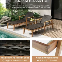 Tangkula 3 Piece Outdoor Chaise Lounge Chair Set, 2 Rattan Cushioned Patio Chaise w/Folding Coffee Table