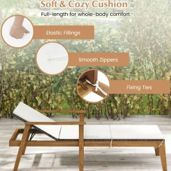 Tangkula 3 Piece Outdoor Chaise Lounge Chair Set, 2 Rattan Cushioned Patio Chaise w/Folding Coffee Table