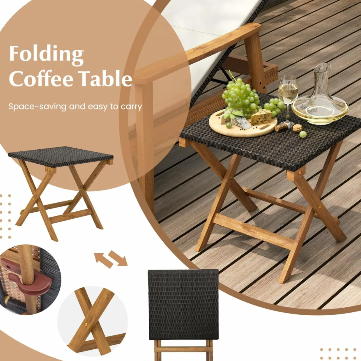 Tangkula 3 Piece Outdoor Chaise Lounge Chair Set, 2 Rattan Cushioned Patio Chaise w/Folding Coffee Table