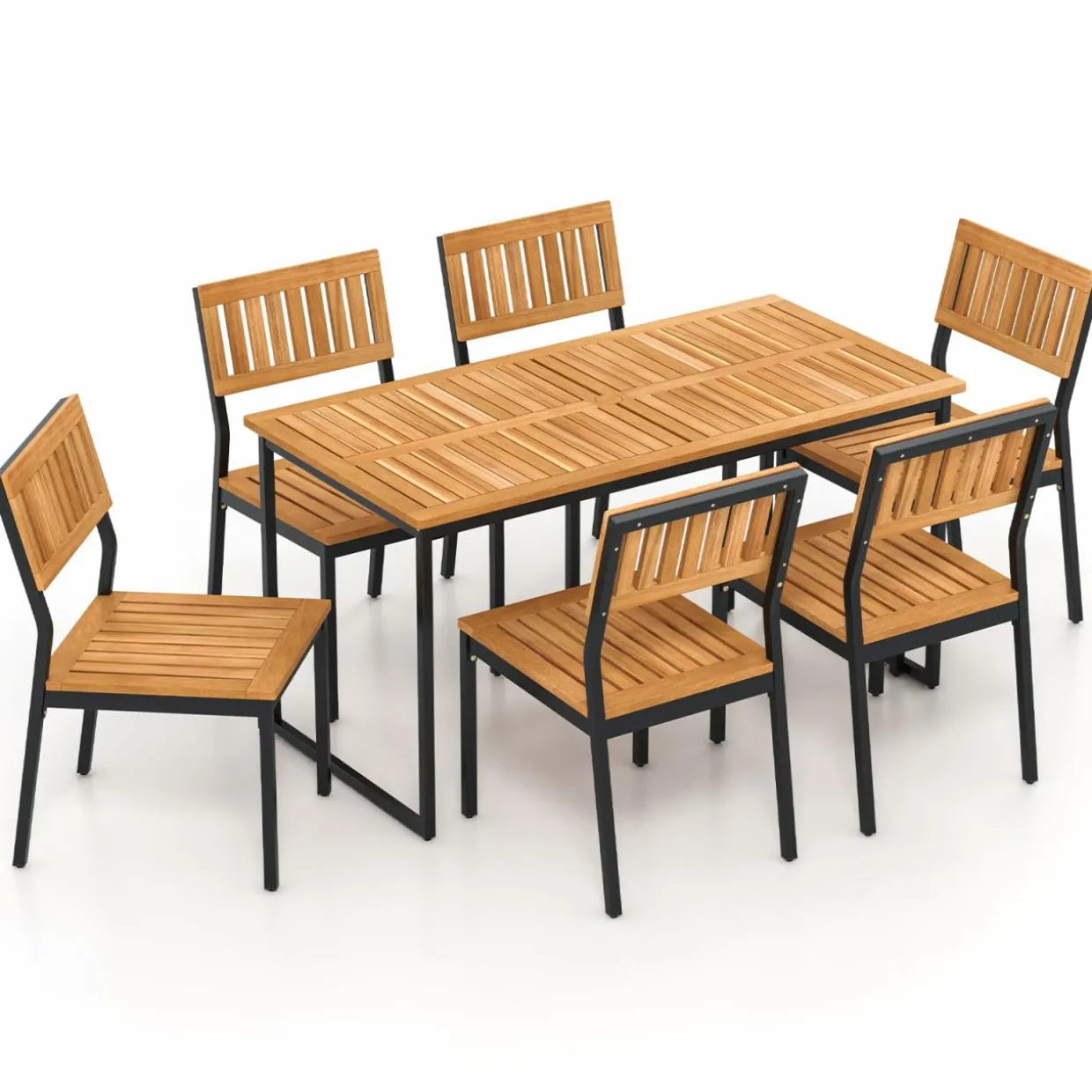 Tangkula 7 Piece Outdoor Dining Set for 6, Acacia Wood Rectangular Dining Table & 6 Armless Chairs w/Metal Frame