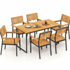 Tangkula 7 Piece Outdoor Dining Set for 6, Acacia Wood Rectangular Dining Table & 6 Armchairs w/Metal Frame