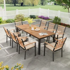 Tangkula 9 Piece Outdoor Dining Table & Chairs Set, Rectangular Table w/Acacia Wood Top & Umbrella Hole