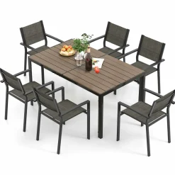 Tangkula 7 Piece Outdoor Dining Set, Patio Furniture Set w/ 6 Stackable Chairs & Large Rectangle Table, Dining Table Set for 6