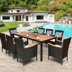 Tangkula 9 Piece Outdoor Dining Set, Garden Patio Wicker Set w/Cushions, Furniture with Acacia Wood Table