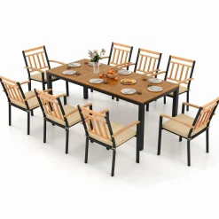 Tangkula 9 Piece Outdoor Dining Table & Chairs Set, Rectangular Table w/Acacia Wood Top & Umbrella Hole