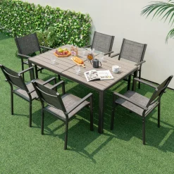 Tangkula 7 Piece Outdoor Dining Set, Patio Furniture Set w/ 6 Stackable Chairs & Large Rectangle Table, Dining Table Set for 6