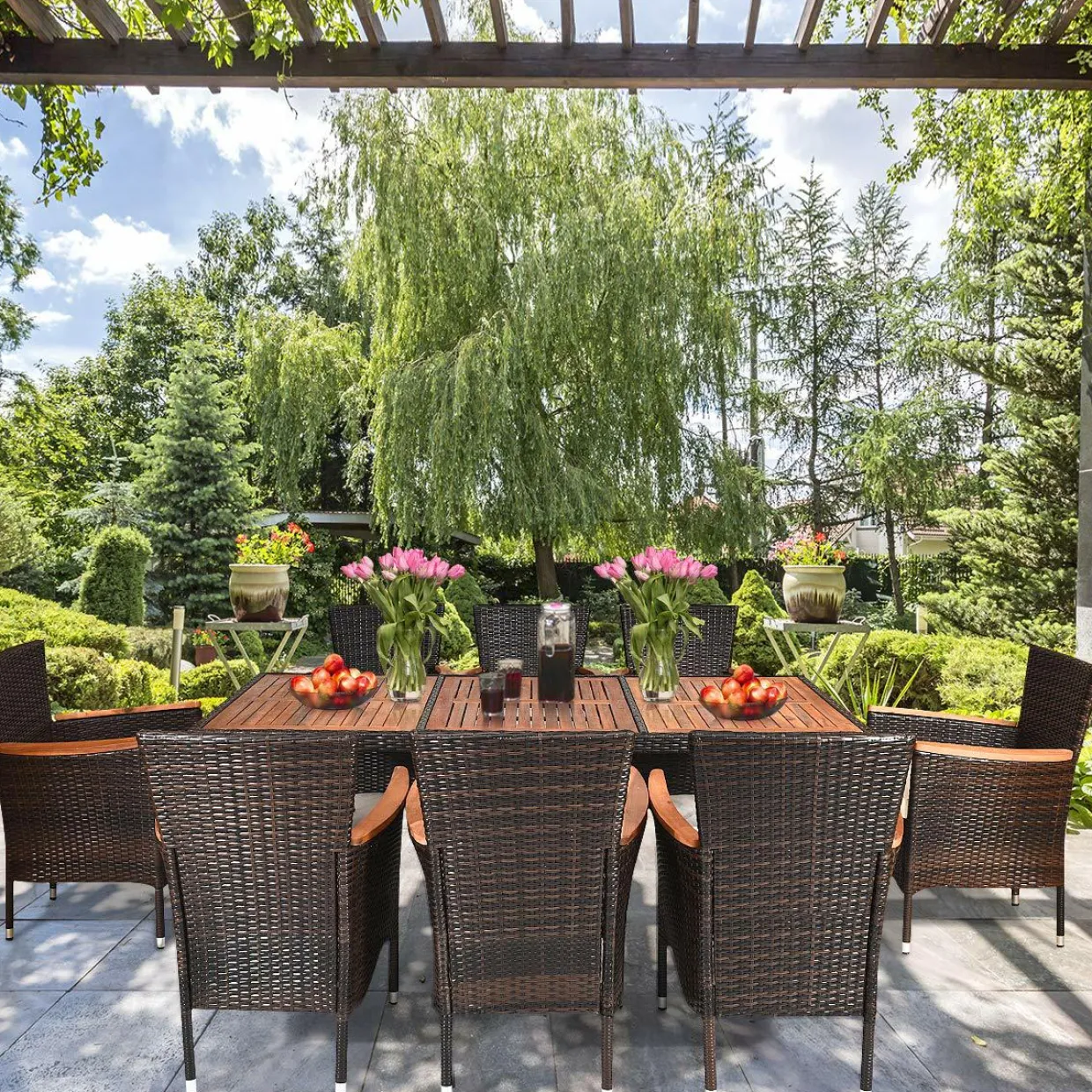 Tangkula 9 Piece Outdoor Dining Set, Garden Patio Wicker Set w/Cushions, Furniture with Acacia Wood Table