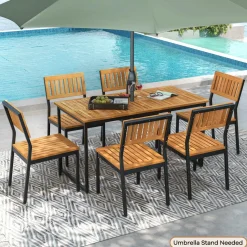 Tangkula 7 Piece Outdoor Dining Set for 6, Acacia Wood Rectangular Dining Table & 6 Armless Chairs w/Metal Frame