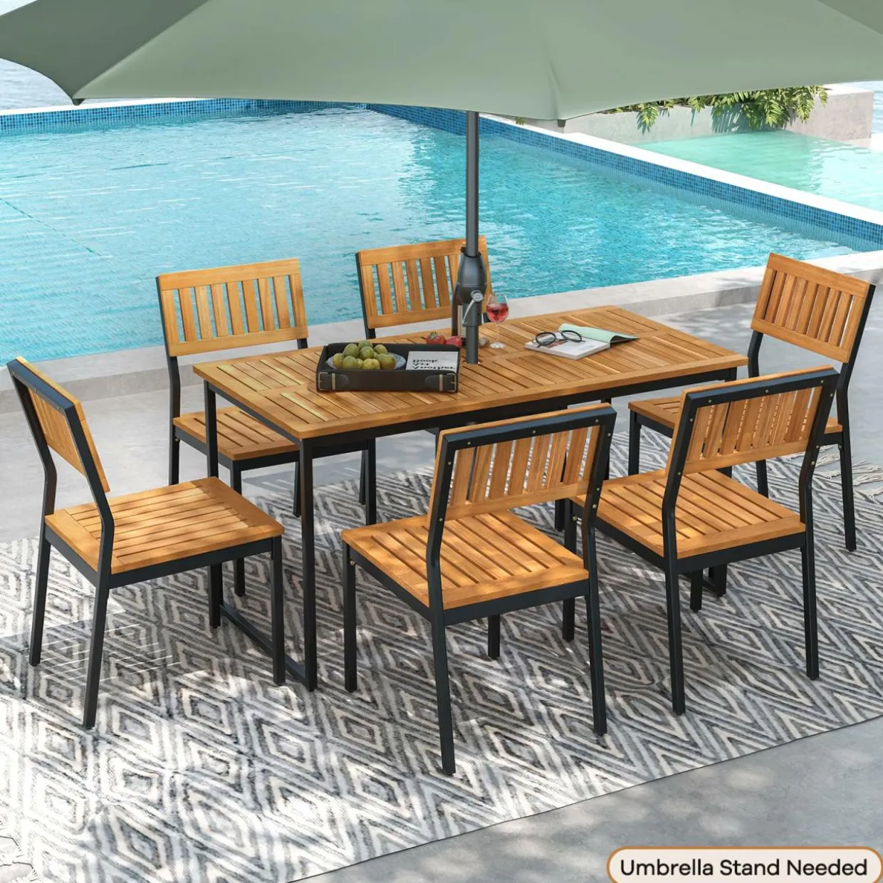 Tangkula 7 Piece Outdoor Dining Set for 6, Acacia Wood Rectangular Dining Table & 6 Armless Chairs w/Metal Frame