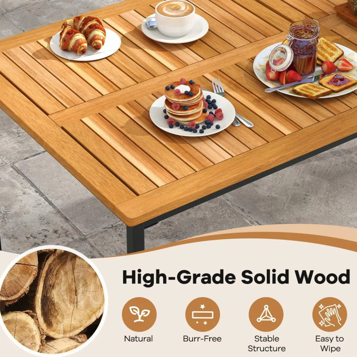 Tangkula 7 Piece Outdoor Dining Set for 6, Acacia Wood Rectangular Dining Table & 6 Armless Chairs w/Metal Frame