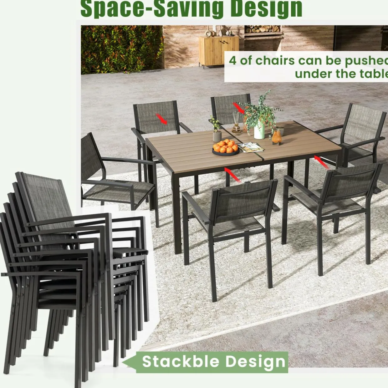 Tangkula 7 Piece Outdoor Dining Set, Patio Furniture Set w/ 6 Stackable Chairs & Large Rectangle Table, Dining Table Set for 6