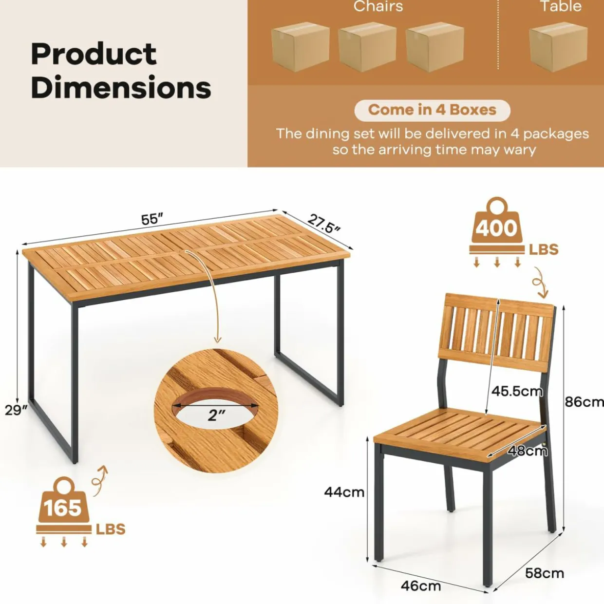 Tangkula 7 Piece Outdoor Dining Set for 6, Acacia Wood Rectangular Dining Table & 6 Armless Chairs w/Metal Frame