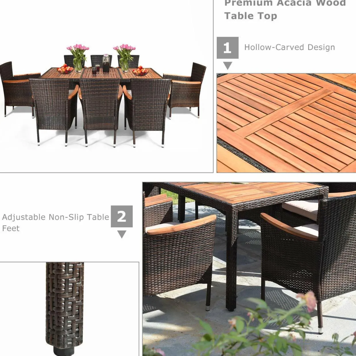 Tangkula 9 Piece Outdoor Dining Set, Garden Patio Wicker Set w/Cushions, Furniture with Acacia Wood Table