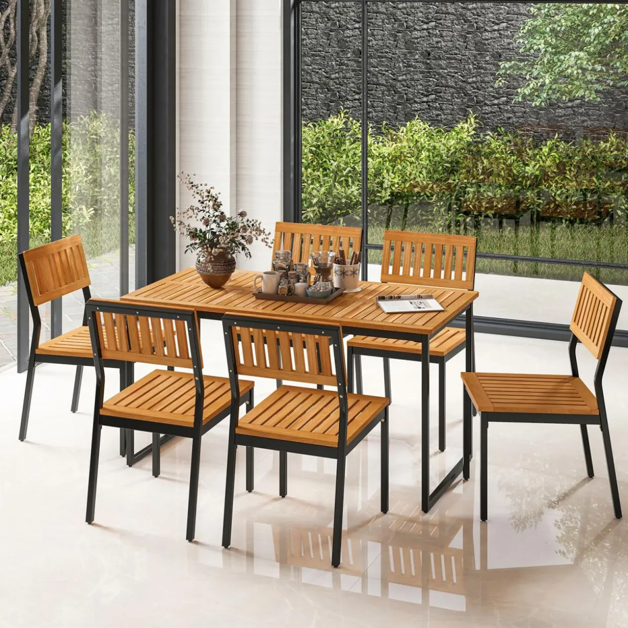 Tangkula 7 Piece Outdoor Dining Set for 6, Acacia Wood Rectangular Dining Table & 6 Armless Chairs w/Metal Frame