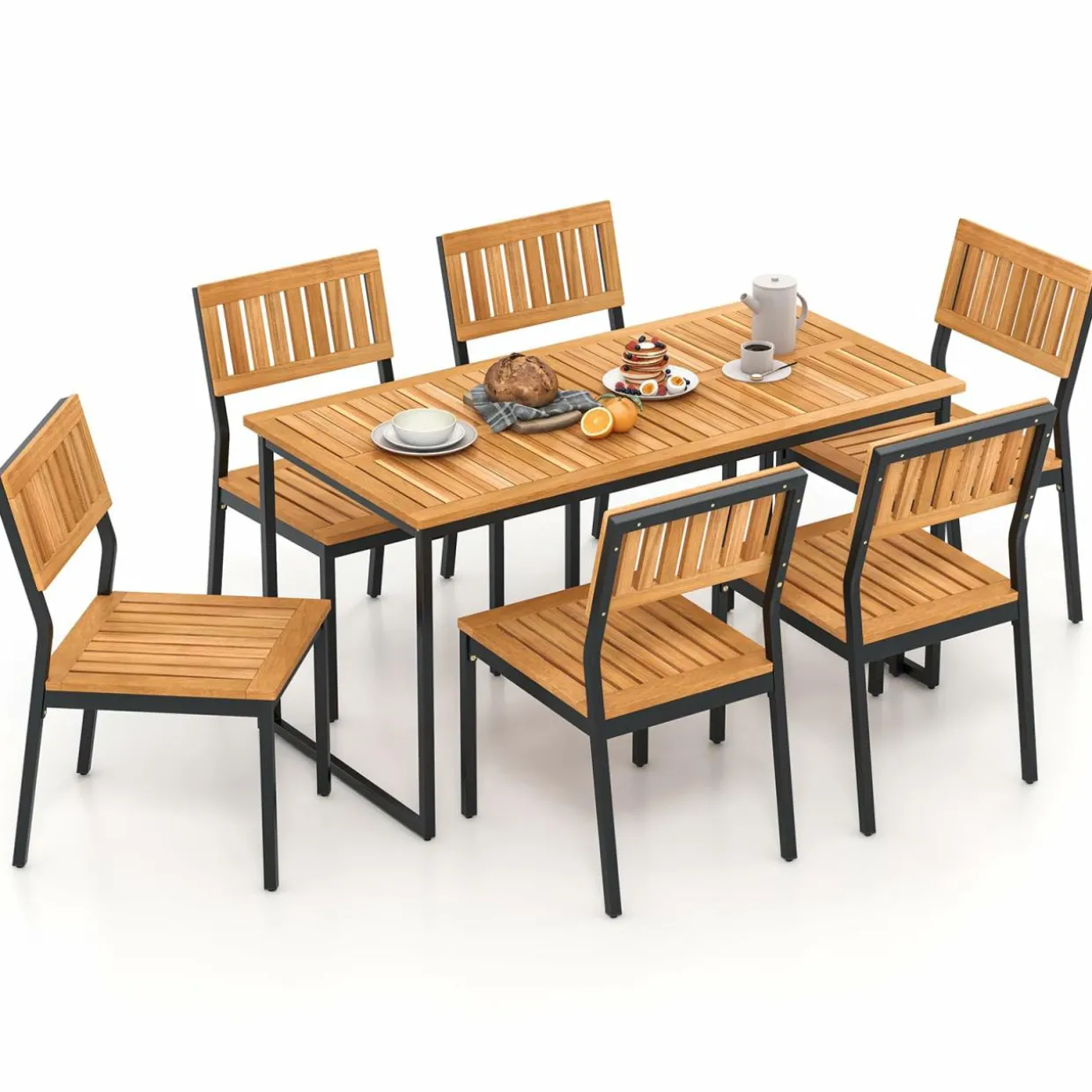 Tangkula 7 Piece Outdoor Dining Set for 6, Acacia Wood Rectangular Dining Table & 6 Armless Chairs w/Metal Frame