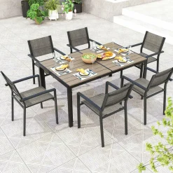 Tangkula 7 Piece Outdoor Dining Set, Patio Furniture Set w/ 6 Stackable Chairs & Large Rectangle Table, Dining Table Set for 6