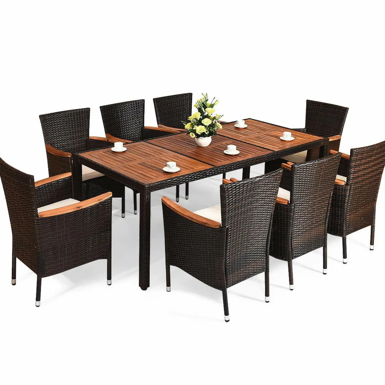 Tangkula 9 Piece Outdoor Dining Set, Garden Patio Wicker Set w/Cushions, Furniture with Acacia Wood Table