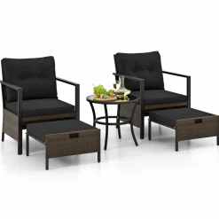 Tangkula 5 Piece Outdoor Furniture Set, Rattan Chairs & Ottomans w/Round Glass Topped Coffee Table