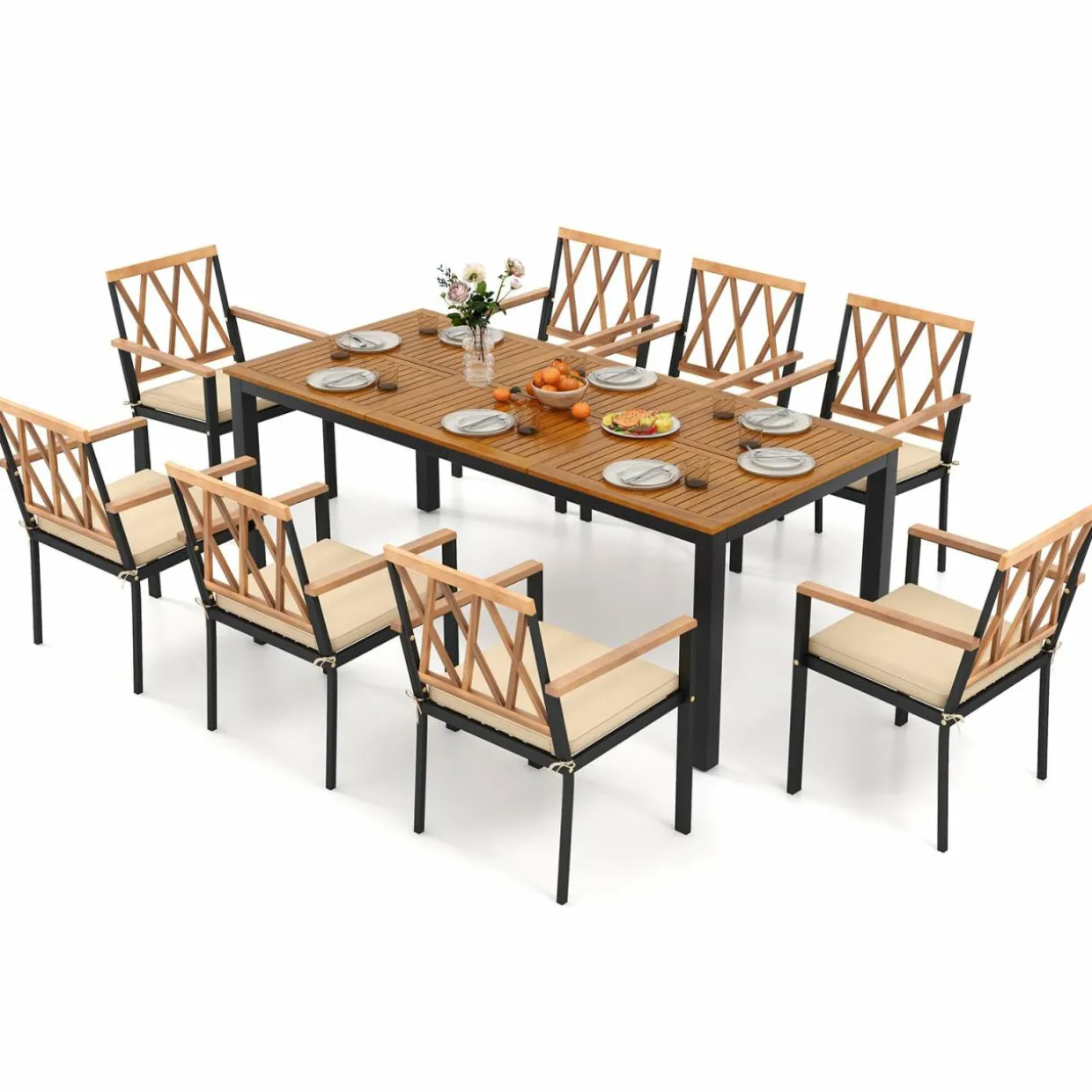 Tangkula 9 Piece Outdoor Patio Dining Set, Rectangular Dining Table & Chairs Set for 8 w/Acacia Wood Tabletop