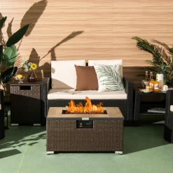Tangkula 2 Piece Outdoor Propane Fire Pit Table Set with Hideaway Propane Tank Holder