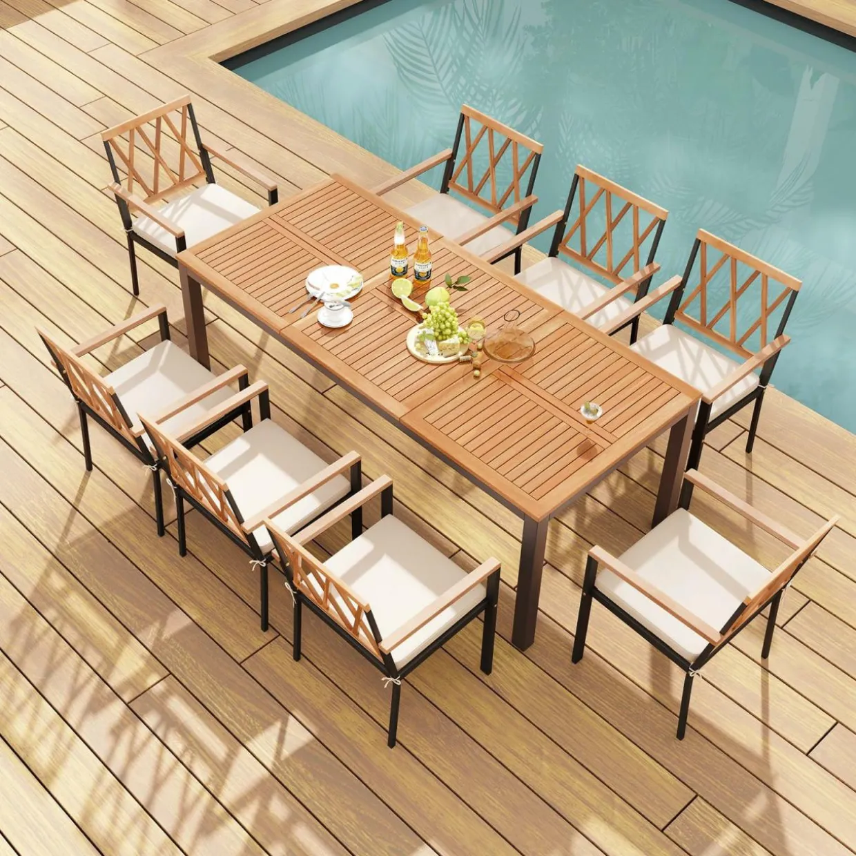 Tangkula 9 Piece Outdoor Patio Dining Set, Rectangular Dining Table & Chairs Set for 8 w/Acacia Wood Tabletop